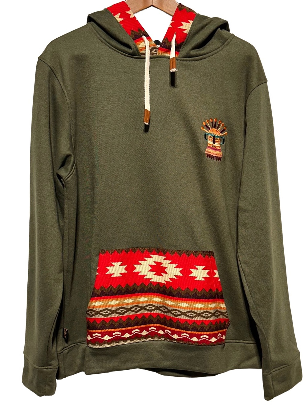 MAOS Ecuador Andean Geometric Woven Cotton Hoodie Olive Green L